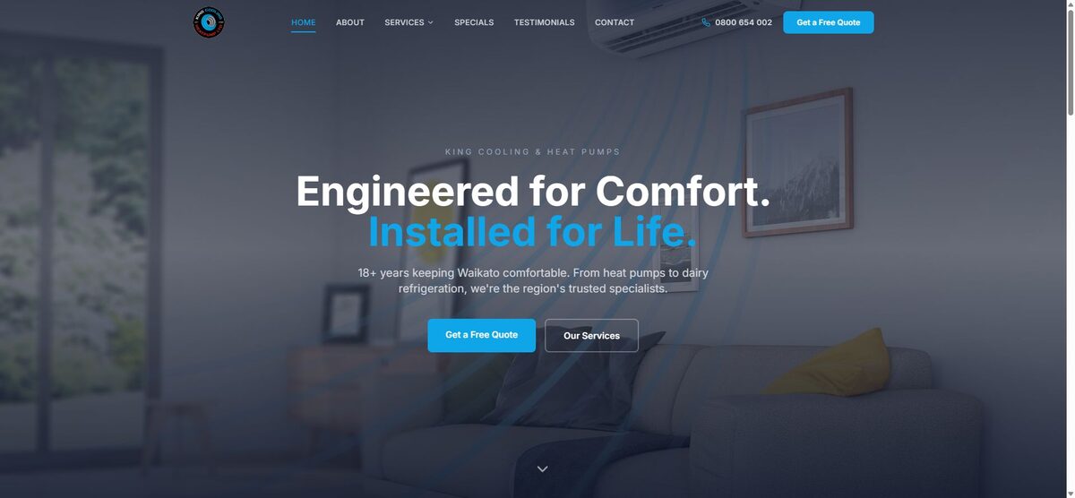 The King Cooling & Heat Pumps website built by EliteSpec